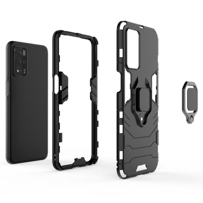 Rugged black phone case with magnetic ring holder, open-frame view and cutouts