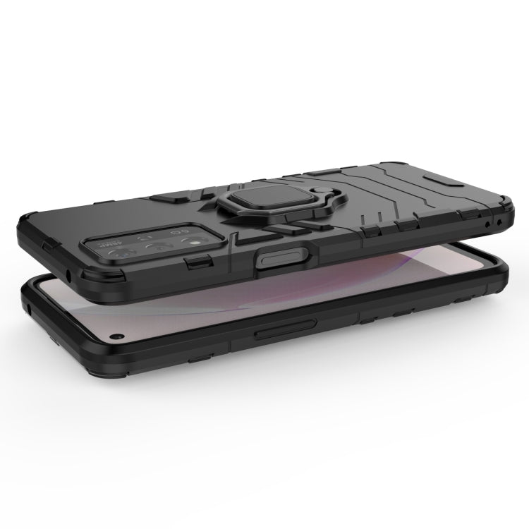 Shockproof black phone case with magnetic ring holder, case corners and raised edges