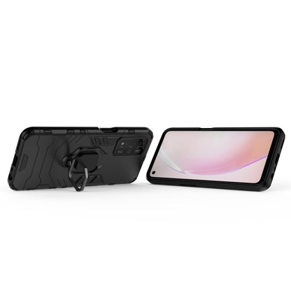 Shockproof black phone case with magnetic ring holder, back cover and screen-side view