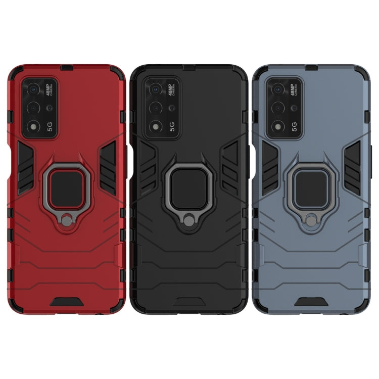 Set of shockproof phone cases with magnetic ring holder in red, black, and navy blue