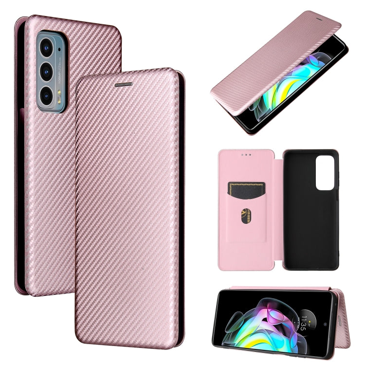 Pink magnetic flip phone case with carbon fiber texture, card slot, for double-sided protection
