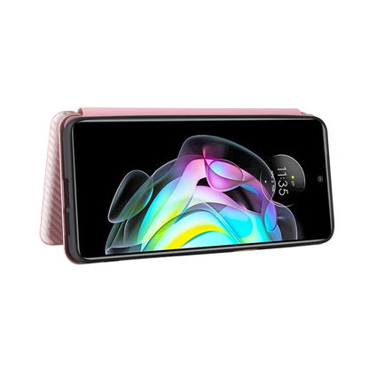 Pink carbon fiber texture flip phone case on phone display, protective cover raised