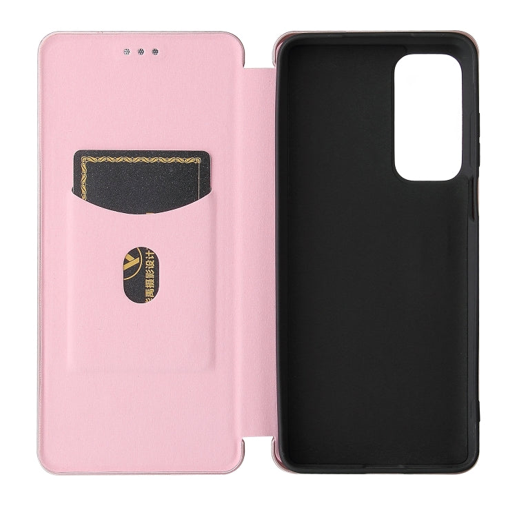 Pink flip phone case with card slot and carbon fiber texture, showing front and back