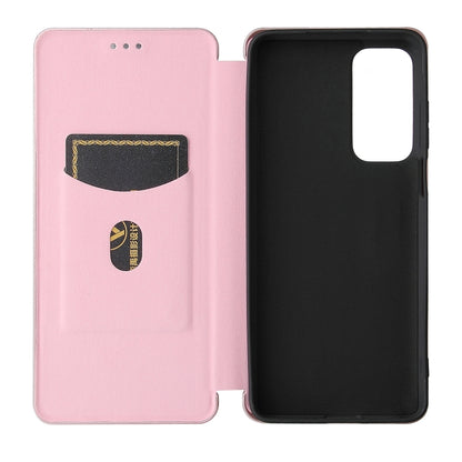 Pink flip phone case with card slot and carbon fiber texture, showing front and back