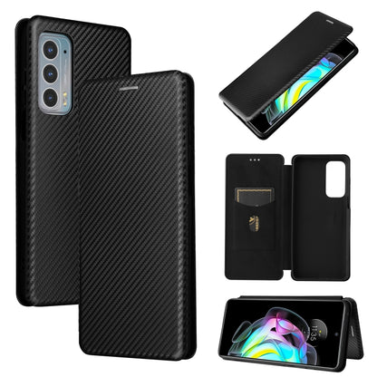 Black magnetic flip phone case with carbon fiber texture and card slot, shown with phone