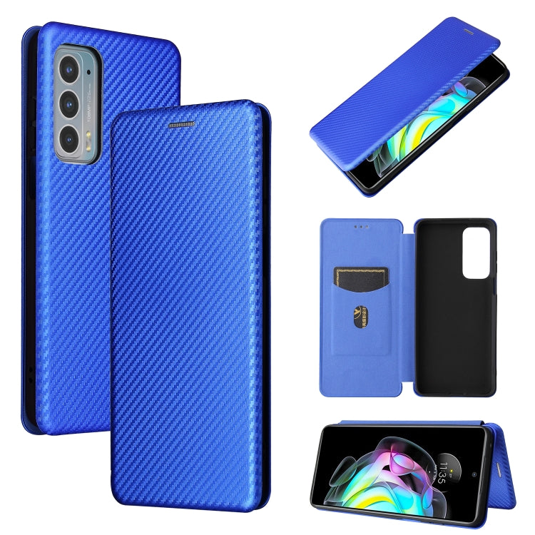 Blue magnetic flip phone case with carbon fiber texture, card slot, shown front and back
