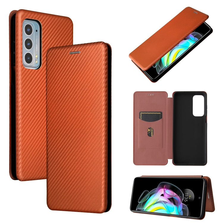 Carbon fiber texture magnetic flip phone case with card slot, orange-brown