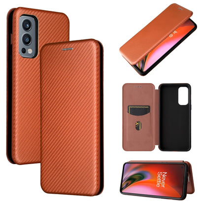 Magnetic flip phone case with card slot, brown textured leather and carbon-fiber finish