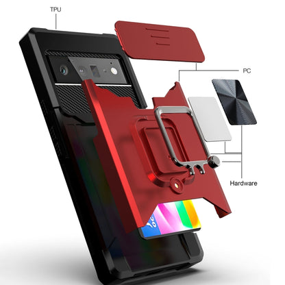 Red and black rugged phone case with sliding camera cover and ring holder