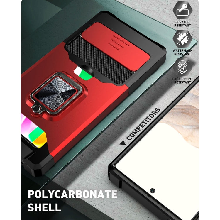 Red rugged phone case with textured grip, sliding camera cover, and ring holder