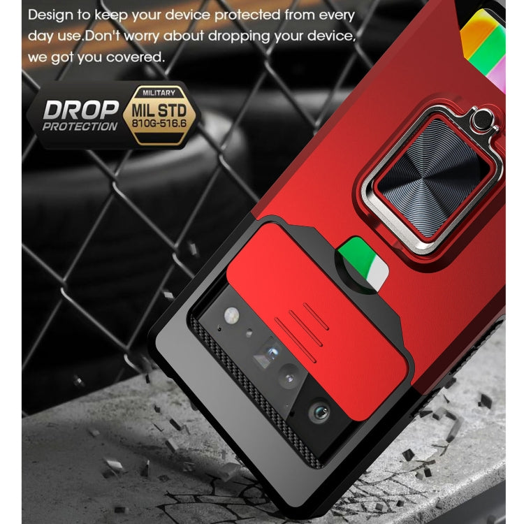 Red rugged shockproof phone case with sliding camera cover and ring holder