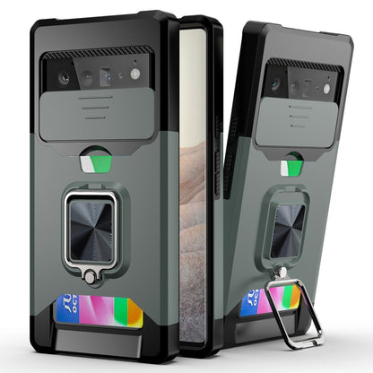 Dark green rugged phone case with sliding camera cover and ring holder, card slot