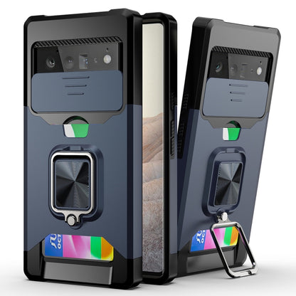 Blue rugged phone case with sliding camera cover and ring holder, card slot