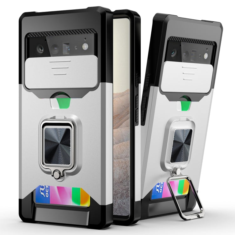 Phone case with sliding camera cover, card slot, and ring holder; white and black