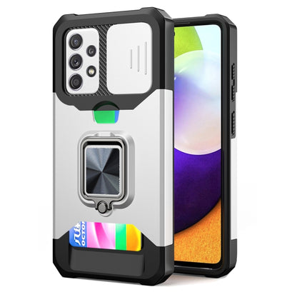 Phone case with sliding camera cover, card slot, and ring holder; white and black