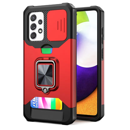 Phone case with sliding camera cover, card slot, and ring holder; red and black