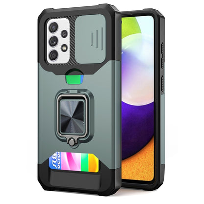 Phone case with sliding camera cover, card slot, and ring holder; teal and black