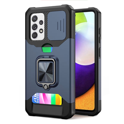 Phone case with sliding camera cover, ring holder, and card slot; dark blue.