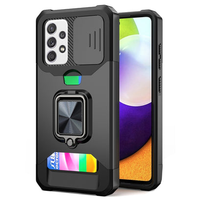 Phone case with sliding camera cover, ring holder, and card slot; black.