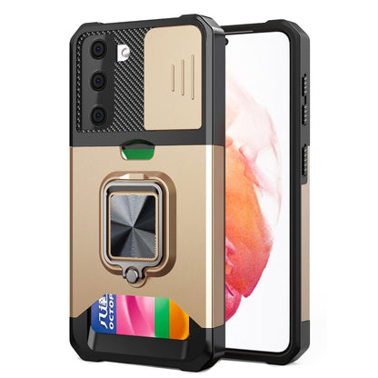 Phone case with sliding camera cover, ring holder, and card slot; gold.