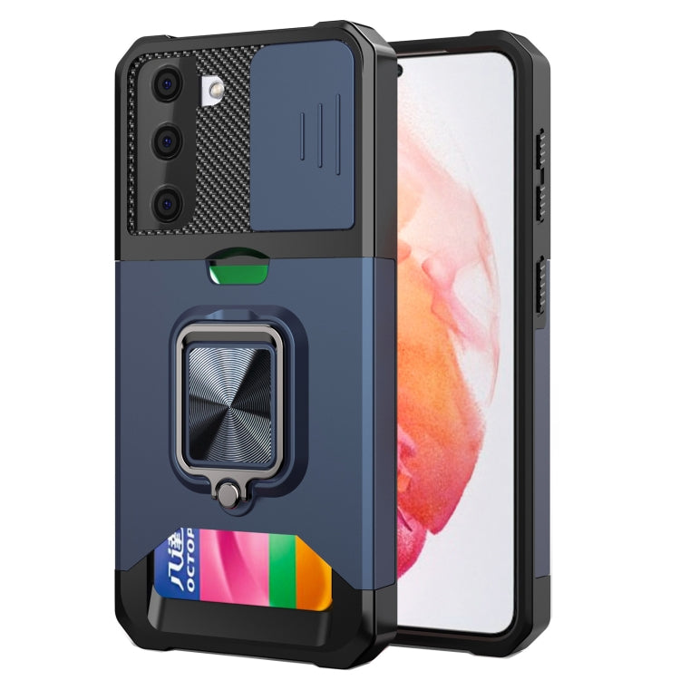 Phone case with sliding camera cover, ring holder, and card slot; navy blue.