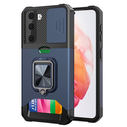 Phone case with sliding camera cover, ring holder, and card slot; navy blue.