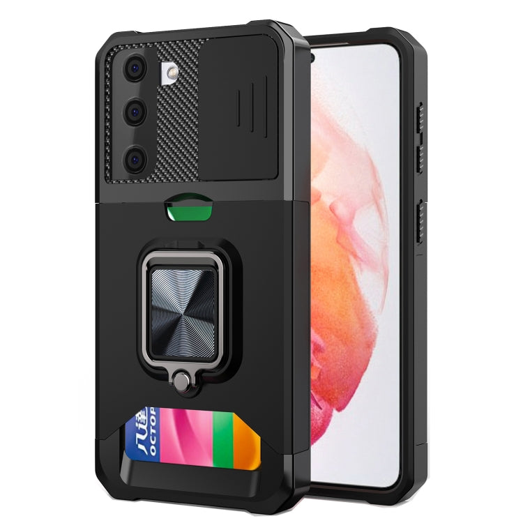 Phone case with sliding camera cover, ring holder, and card slot; matte black.