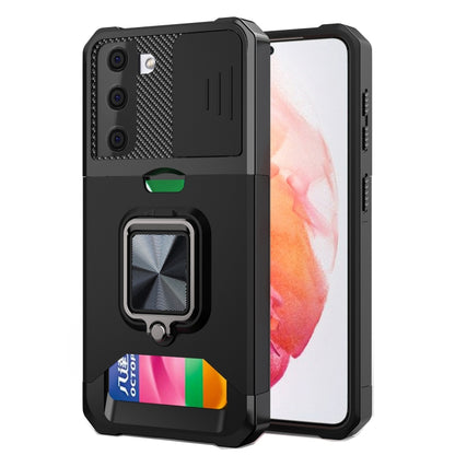 Phone case with sliding camera cover, ring holder, and card slot; matte black.