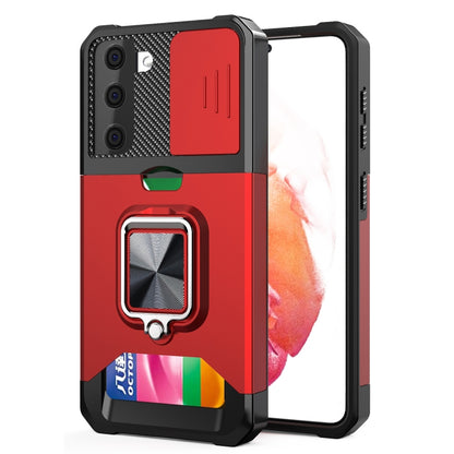Phone case with sliding camera cover, ring holder, and card slot; red.