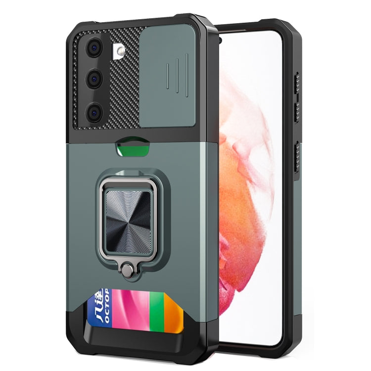 Smartphone shockproof case with sliding camera cover, ring holder, card slot; dark green.