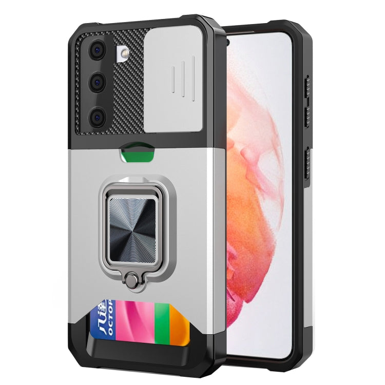 Smartphone shockproof case with sliding camera cover, ring holder, card slot; silver/white.