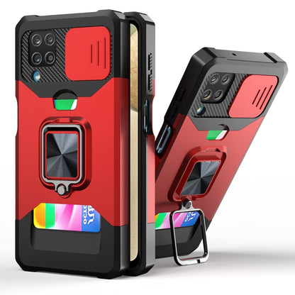 Smartphone shockproof case with sliding camera cover, ring holder, card slot; red.