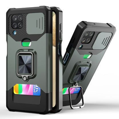 Smartphone shockproof case with sliding camera cover, ring holder, card slot; dark green.