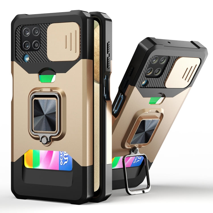 Smartphone shockproof case with sliding camera cover, ring holder, card slot; gold tone.