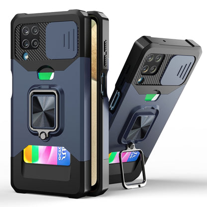 Smartphone shockproof case with sliding camera cover, ring holder, card slot; blue.