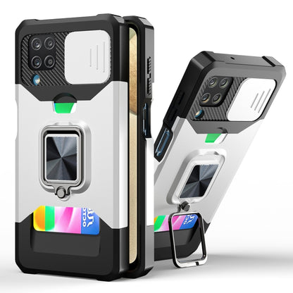 Smartphone shockproof case with sliding camera cover, ring holder, card slot; silver/white.