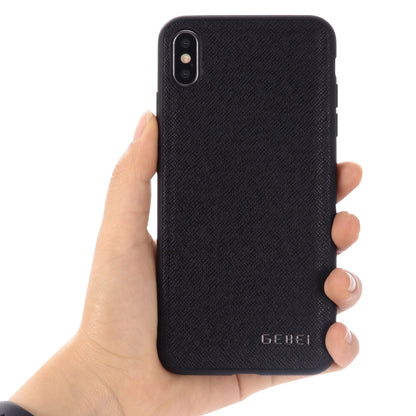 GEBEI textured black leather phone case held in hand, back view
