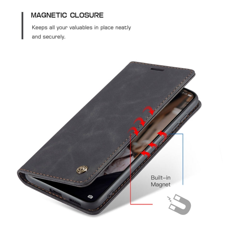 Black leather flip phone case with magnetic closure and built-in holder for viewing