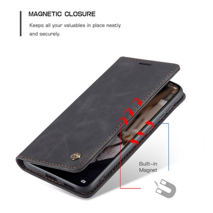 Black leather flip phone case with magnetic closure and built-in holder for viewing