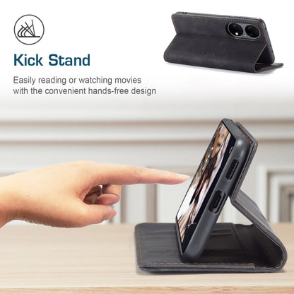 Black leather kickstand flip phone case for hands-free viewing, dual camera cutouts