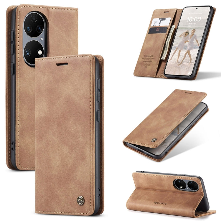 Tan/brown leather flip phone case with card slot and holder, dual camera cutouts