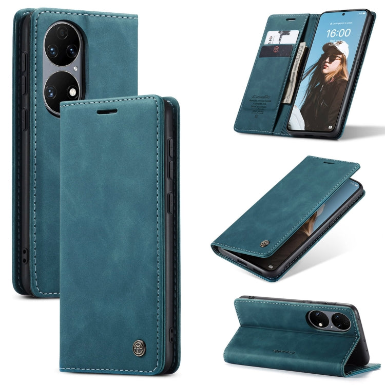 Blue leather flip phone case with card slot and holder, dual camera cutouts