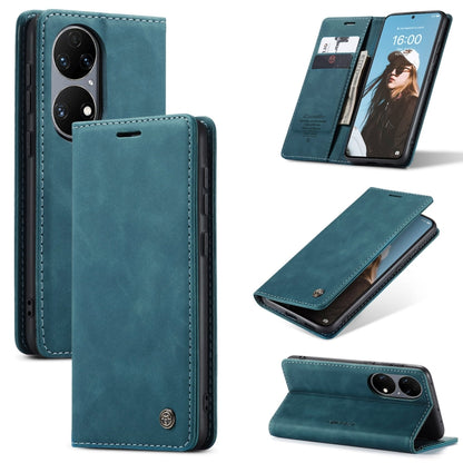 Blue leather flip phone case with card slot and holder, dual camera cutouts