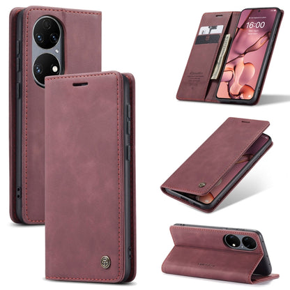 Wine red leather flip phone case with card slot and holder, dual camera cutouts