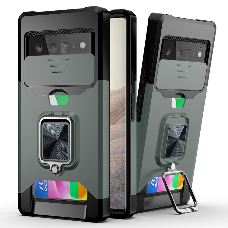 Dark green phone case with sliding camera cover, shockproof TPU bumper, and ring holder