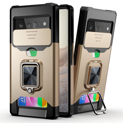 Gold phone case with sliding camera cover, shockproof TPU bumper, and ring holder
