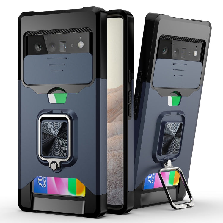 Blue phone case with sliding camera cover, shockproof TPU bumper, and ring holder