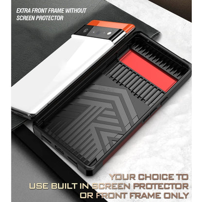 Red phone case with sliding camera cover, open front frame area, and shockproof bumper