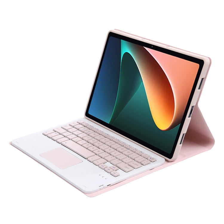 Tablet keyboard case with touchpad, detachable keyboard, pink exterior with white keys