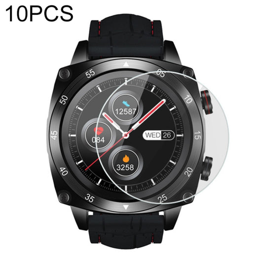 Tempered glass watch screen protector sheet over a black round smartwatch face (10-pack).